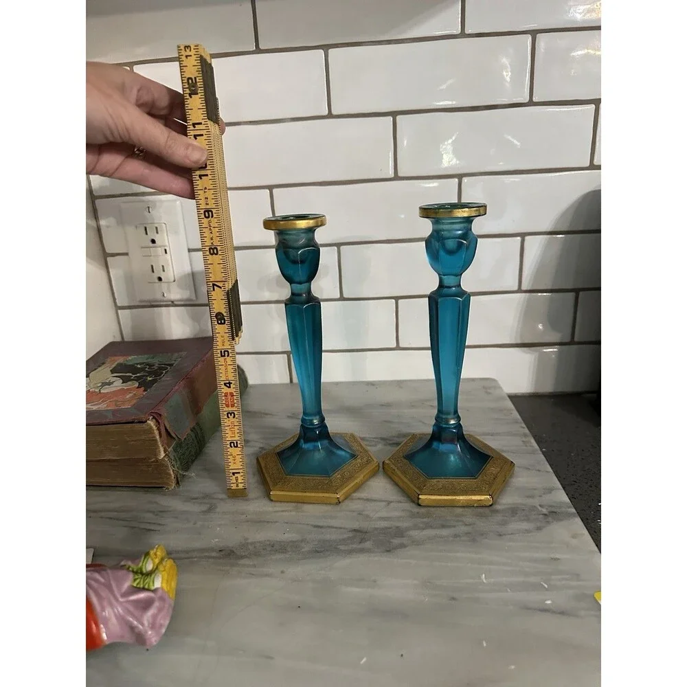 Pair of Vintage Fenton Celeste Blue & Gold Gilt Stretched 8.5 Inch Candlesticks